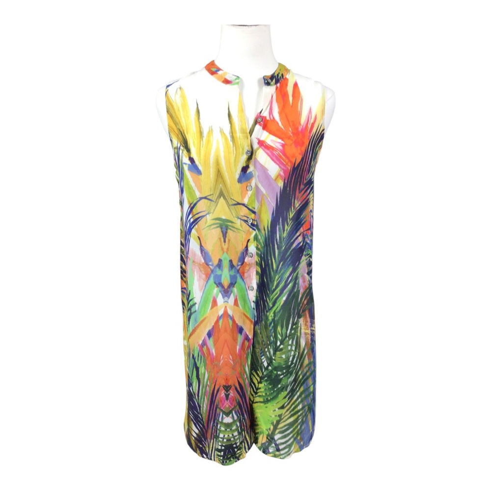 John Mark Tropical Print Sleeveless Button Front Top Longline Small Artsy